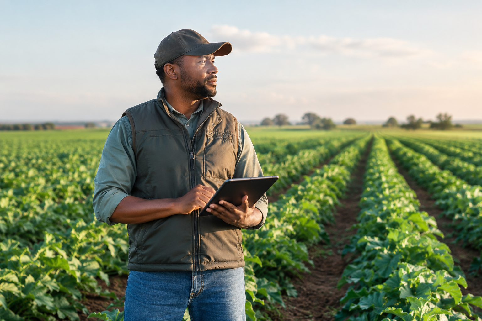 Farmer inspecting crop rows with a tablet